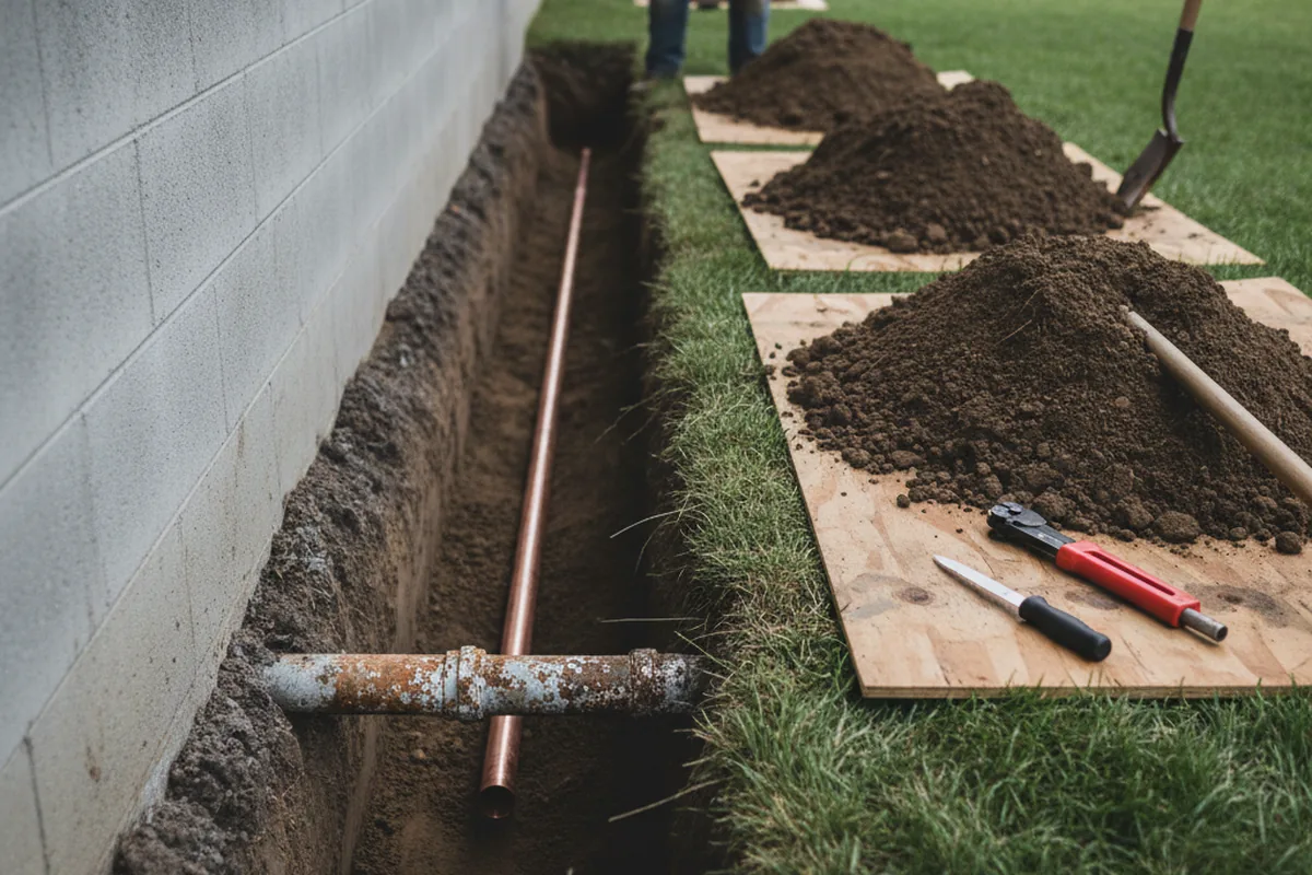 Excavated water line trench during Sewer Line Repair in Jacobsburg